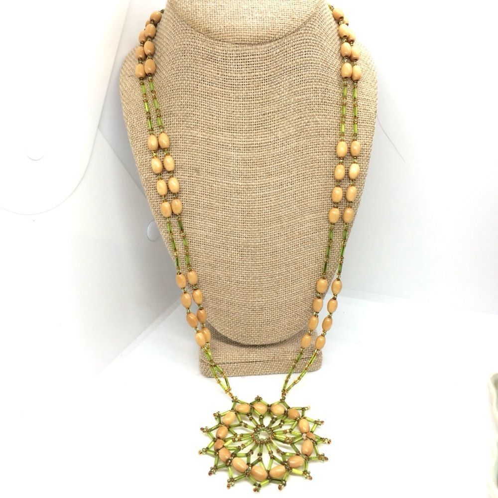Wood Bead Necklace Vintage Green Glass Seed Bead Sunburst Pendant Boho 24"